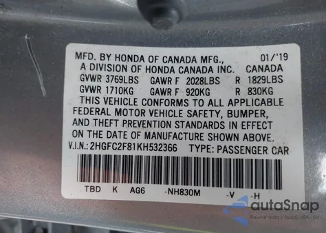 2019 Honda Civic Sport from USA, damaged, VIN 2HGFC2F81KH532366